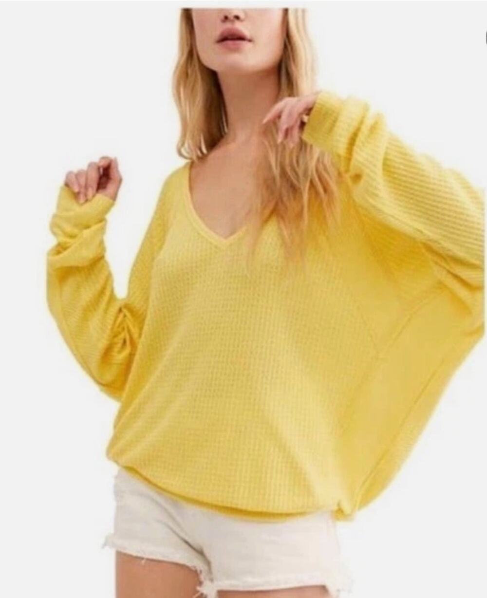Free People We the Free Yellow Santa Clara V-Neck Oversized Thermal M Slouchy